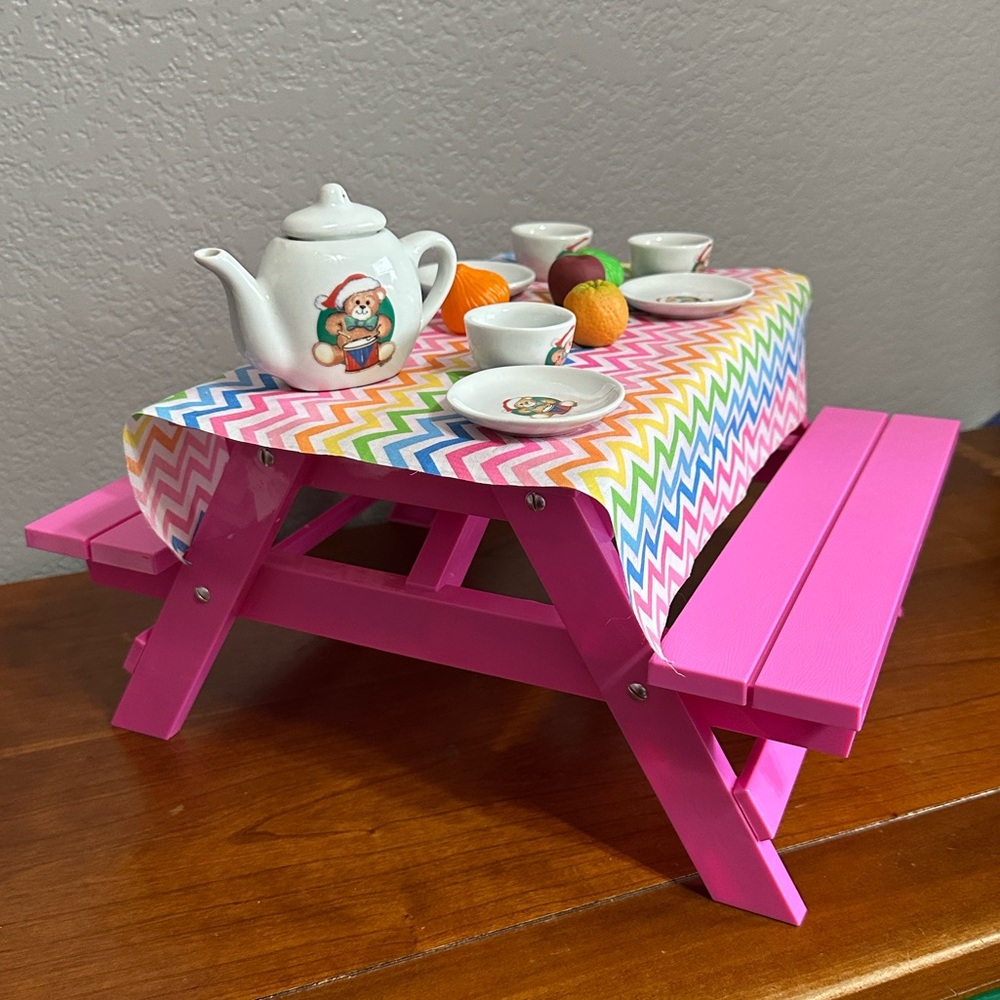 Our Generation Picnic Table for 18” Dolls with Vintage Teddy Bear Tea Set n food